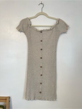 Oat color body con mini dress with wooden button details size xs/s